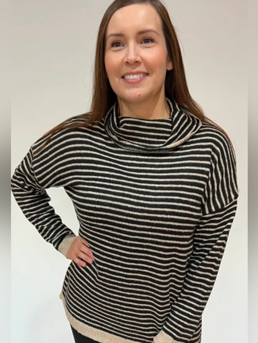 Striped Black and Cream Cowl Neck Sweater